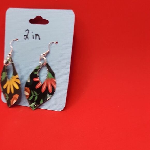 Hand Crafted Dangle Earring Faux Leather Floral Drop - Multicolor - Picture 3 of 13